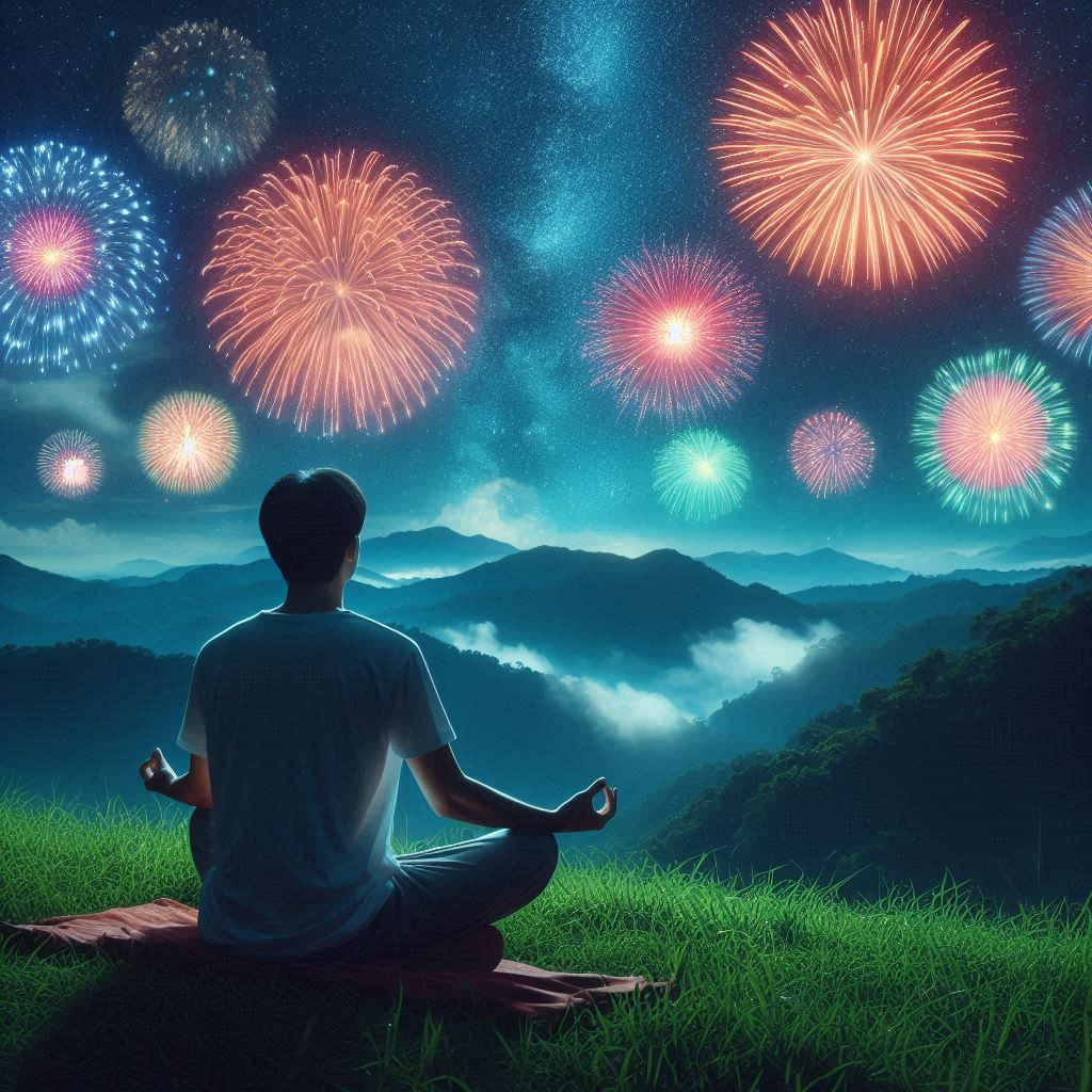 A person mediating while fireworks light the sky A person mediating while fireworks light the sky